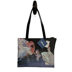 Disney Cinderella Tote Bag NWT Princess Carriage Scene Sequin Dress Black Handle